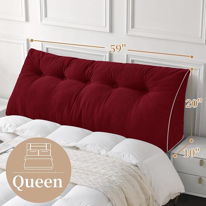 Sasttie Headboard Pillow Queen, Wedge Pillow Headboard for Sitting Up in Bed, Back-Rest Support Triangular Cushion for Reading - Features Removable Washable Cover, Wine
