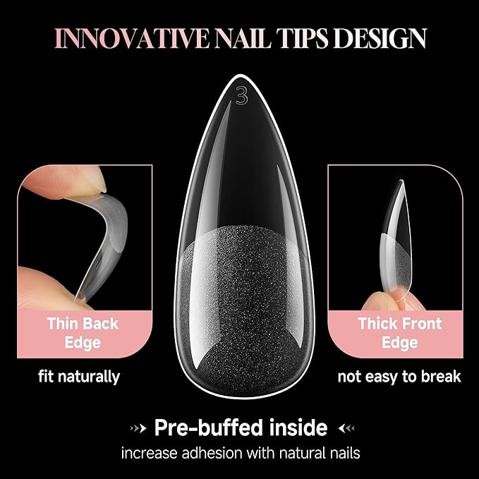 Long Almond Nail Tips: 504pcs Full Cover Soft Gel Nail Tips, 12 Sizes Pre-Etched Half Matte Almond Press on Nails No C Curve For Nail Extensions Home Salon
