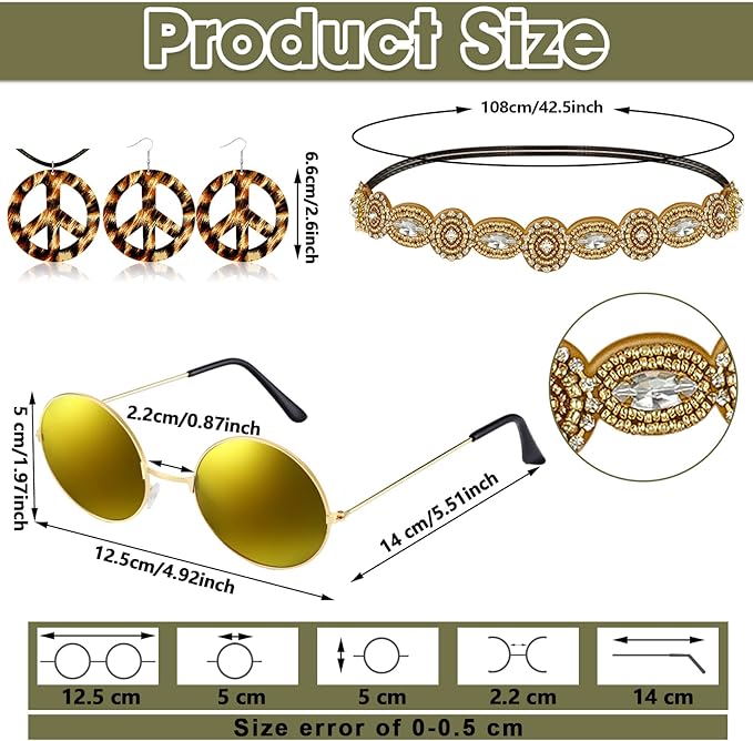 6 Pcs 60s 70s Outfits for Women Hippie Costume Set Peace Sign Earring Headband Fringe Vest Tassel Cardigan