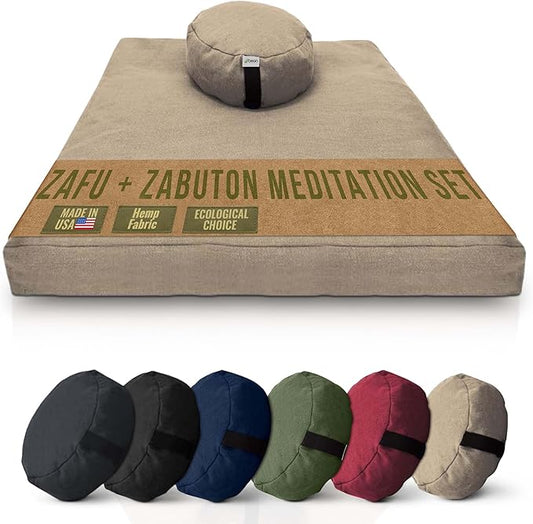 Meditation Cushion Mat Set HEMP - Round Zafu Floor Pillow Organic Buckwheat Pillow + Cotton Filled Zabuton Prayer Pad - Meditation Pillow Yoga Knee Pad - Made in USA - 14" Round, NATURAL Hemp