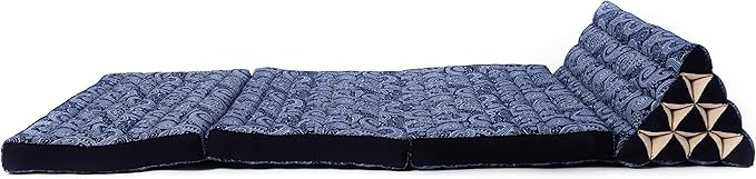 Leewadee Comfortable Japanese Floor Mattress - Thai Floor Bed with Triangle Cushion - Futon Mattress - XL Extra Wide Thai Massage Mat, 67 x 31 inches, Blue White, Kapok Filling