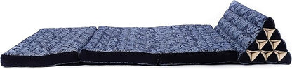 Leewadee Comfortable Japanese Floor Mattress - Thai Floor Bed with Triangle Cushion - Futon Mattress - XL Extra Wide Thai Massage Mat, 67 x 31 inches, Blue White, Kapok Filling