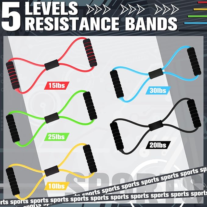Skylety Figure 8 Fitness Resistance Bands with Handles Set of 5 Exercise Bands for Women Men Rope 8 Word Elastic for Arm and Shoulder Stretch Yoga Gym Fitness Muscle Training Chest Expander