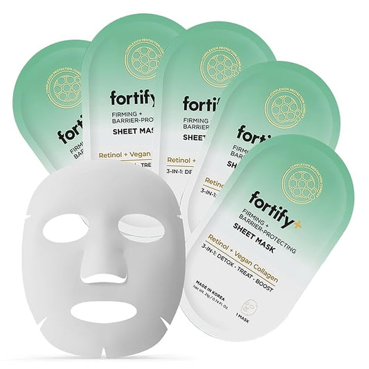 Fortify Skincare Face Mask with Retinol and Collagen - Dermatologist Tested, Anti Aging - Firming & Barrier Protecting - 3-in-1: Detox - Treat- Boost - Clean Beauty, Korean Skin Care, 5 Sheet Masks