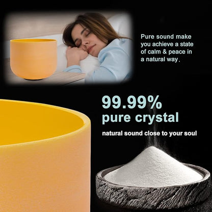 432HZ 6''-12'' Set of 7 Colored Crystal Singing Bowl Set Crystal Sound Healing Frosted Chakra Quartz bowls with 2 Case Bags and Rubber Mallets