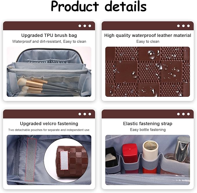 BOYATU Travel Makeup Bag Organizer Cosmetic Bag: 3 Pcs Set Make up Bags for Women with Handle - Waterproof Vegan Leather Toiletry Bags Travel Essentials Pouch with Compartments (C-09-Coffee)
