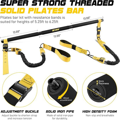 Pilates Bar Kit with Resistance Bands for Working Out, 210lbs Heavy Resistance Bands with Handles, Pilates Equipment with Resistance Band Bar for Men Women, at Home Gym Full Body Workout Equipment