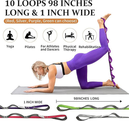 Stretching Strap Yoga Strap, 10 Loops Non-Elastic Stretch Bands Helps Women and Men Improve Flexibility for Home Workout, Physical Therapy, Pilates, Exercise, Dance, Comes with Door Anchor