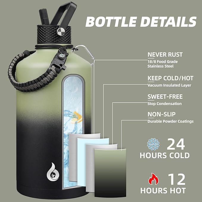 BJPKPK 1 Gallon Water Bottle with Straw Lid, 50oz, 64oz, 87oz, 128oz Large, Stainless Steel Water Bottles with 3 Lids and Paracord Handle, Double Wall Vacuum Metal Water Jug, Camp Green & Black