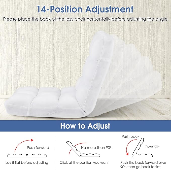 RELAX4LIFE Floor Chair with Back Support - 14-Position Adjustable Lazy Sofa Chair, Padded Sleeper Bed & Couch Recliner for Reading Meditation, Folding Floor Gaming Chair for Adults (White)