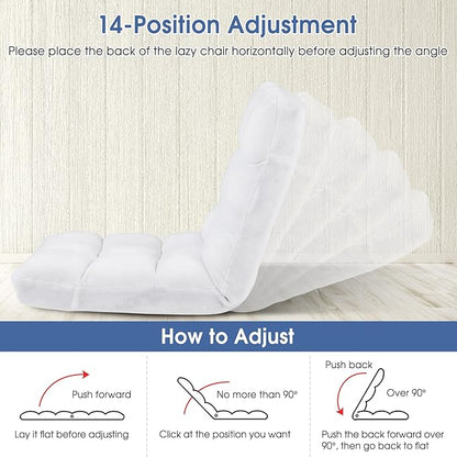RELAX4LIFE Floor Chair with Back Support - 14-Position Adjustable Lazy Sofa Chair, Padded Sleeper Bed & Couch Recliner for Reading Meditation, Folding Floor Gaming Chair for Adults (White)