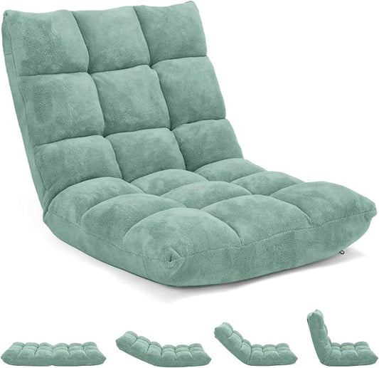 RELAX4LIFE Floor Chair with Back Support - 14-Position Adjustable Lazy Sofa Chair, Padded Sleeper Bed & Couch Recliner for Reading Meditation, Folding Floor Gaming Chair for Adults (Green)
