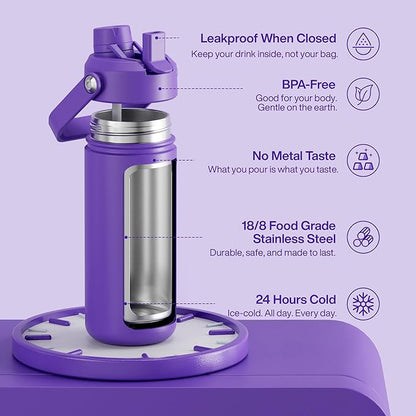 Insulated Water Bottle with Straw - Encool Stainless Steel Water Bottle, Leak-Proof, BPA-Free, Double Wall Vacuum Keeps Cold for 24 Hours for Sports, Travel, School (18 oz, Violet)