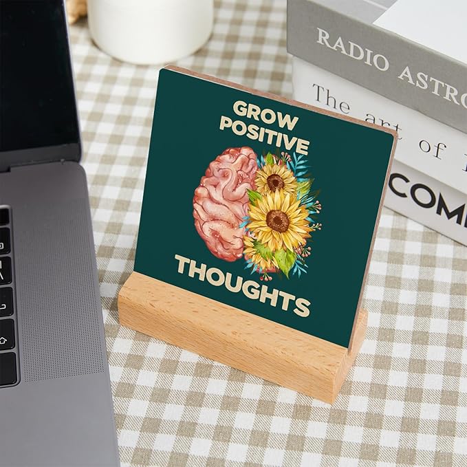 Mental Health Growth Positive Thoughts Wooden Sign Decor, Mental Health Sign With Wooden Stand, Mental Health Awareness Gifts for Psychologist School Counselor Student Boy Girl Best Friend