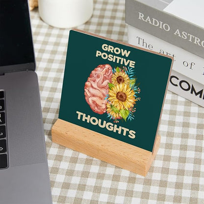 Mental Health Growth Positive Thoughts Wooden Sign Decor, Mental Health Sign With Wooden Stand, Mental Health Awareness Gifts for Psychologist School Counselor Student Boy Girl Best Friend