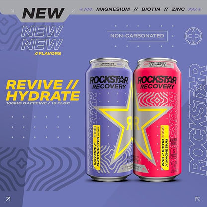 Rockstar Recovery Non-Carbonated Energy Drink, Berryade, 16 fl oz Cans, (12 Pack), Hydration // Mind-Body Energy,160mg Caffeine, B Vitamins, Electrolytes