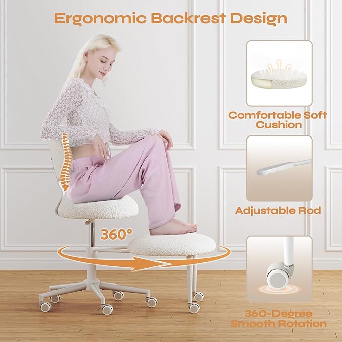 Ergonomic Cross Legged Office Chair with Wheels, ADHD Chair for Adults, Meditation Chair, Yoga Office Chair, Comfortable Back Support, Height Adjustable,Small Spaces, Teddy Fabric, White
