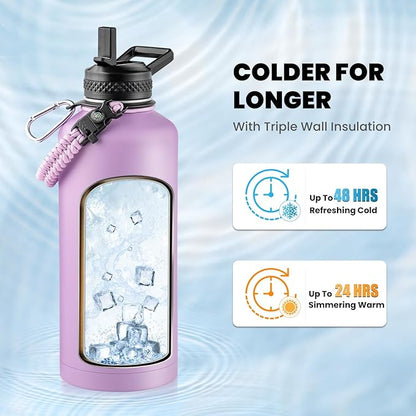 Insulated Water Bottle 87 oz, Triple Wall Vacuum Stainless Steel (Cold for 48 Hrs), Leak Proof & Non-BPA, Modern Water Flask Jug with Paracord Handle & Straw Spout Lids, Lilac