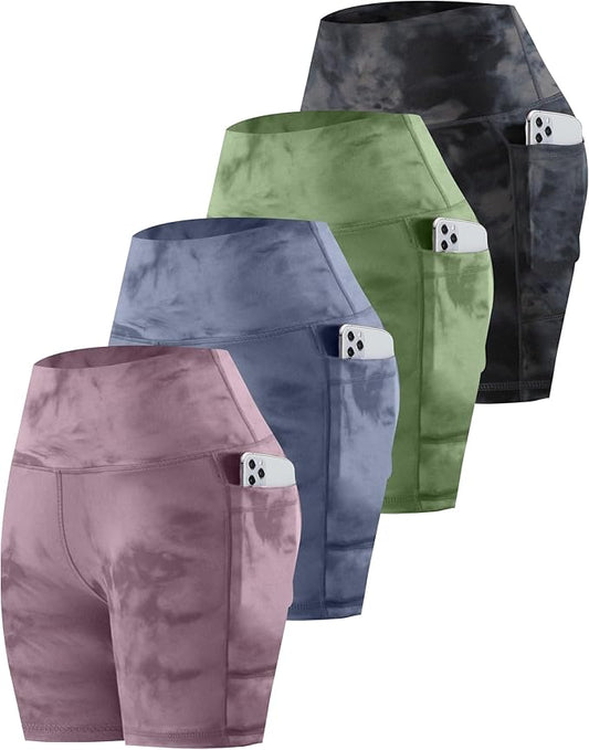 CHRLEISURE Womens Biker Yoga Shorts with Pockets: High Waisted Tummy Control Spandex Workout Athletic Gym Shorts 4 Packs