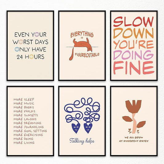 6pcs Mental Health Canvas Wall Art, Everything Is Figureoutable Mindfulness Poster, We All Grow At Different Rates Positive Print, More Sleep More Music Self Care Wall Decor 16x24in Unframed