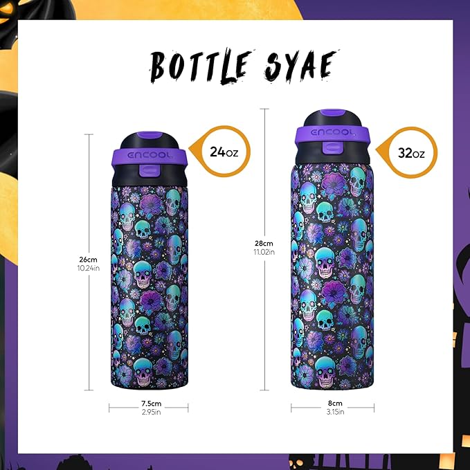 Halloween Gothic Water Bottle with Straw, Stainless Steel Insulated Water Bottle,Leak Proof, One-Touch Flip Lid, BPA Free, Holiday Gifts For Women Men, 24oz, Floral Afterlife