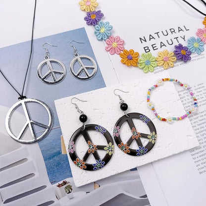 Hippie Costume Accessories for Women Peace Sign Earrings Necklace Flower Headband Sunglasses 60s 70s Accessories