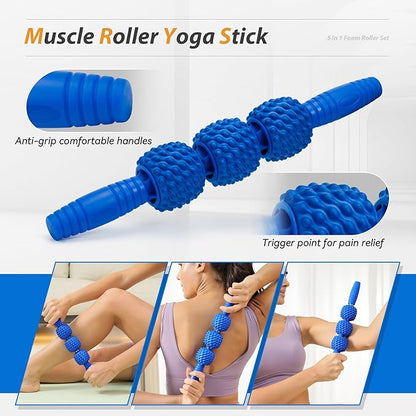 5 in1 Foam Roller Set, Trigger Point Foam Roller, Massage Roller Stick, Massage Ball, Resistance Band for Deep Muscle Massage Pilates Yoga,Fitness Exercise for Whole Body (Pure Blue)