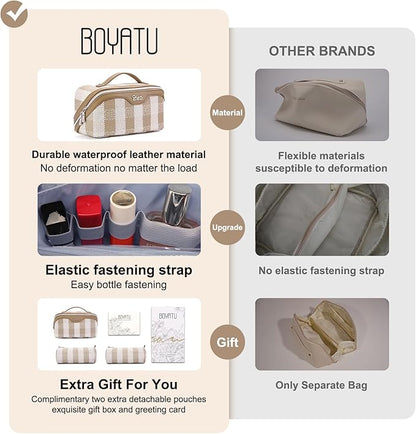 BOYATU Travel Makeup Bag Organizer Cosmetic Bag: 3 Pcs Set Make up Bags for Women with Handle - Waterproof Vegan Leather Toiletry Bags Travel Essentials Pouch with Compartments (F-04-Brown)