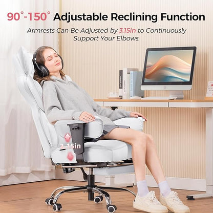 COMHOMA Big and Tall Office Chair 400LBS Wide Ergonomic Gaming Chair with Deluxe Embossing Designed Leather with Foot Rest,150°Reclining Adjustable Armrests Pocket Spring Back Support and Pillow