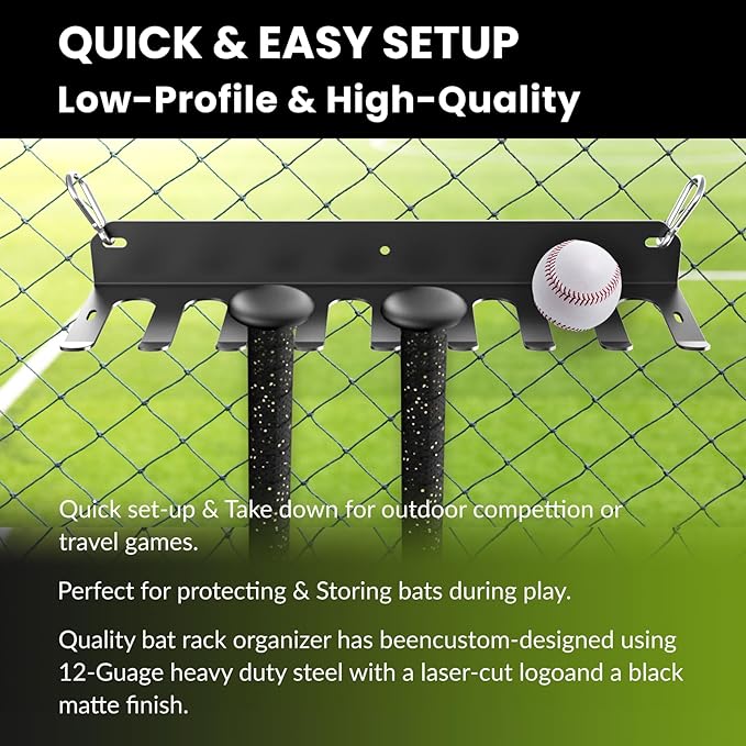 Wall Mount Baseball Bat Rack, Hold 16 Bats, Home Gym Sports Equipment Organizer Hanger, Olympic Barbells Holder, Heavy Duty Hooks for Hangs Bats,Gloves,Hats,Bags,Balls,Row Handles or Tools, Black