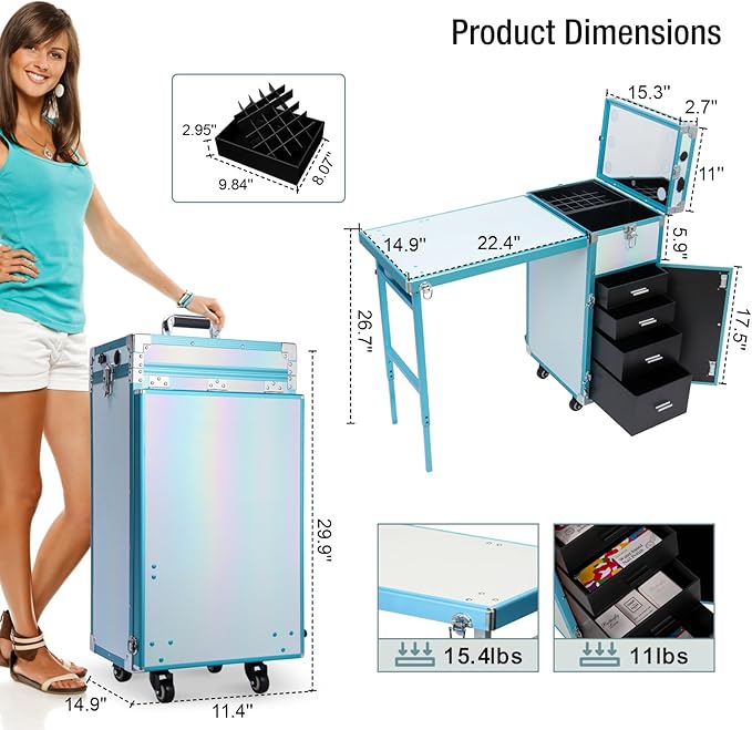 Icoget Portable Nail Table Desk for Nail Teach, Upgraded Rolling Manicure Table Makeup Station w/Speaker and Led Light, Foldable Traveling Nail Desk Organizer Cart