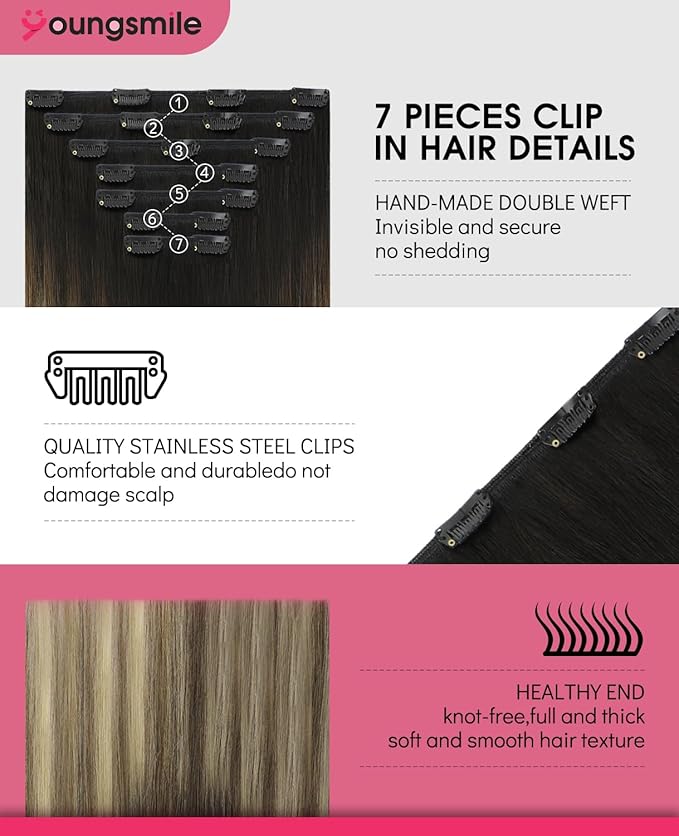 Youngsmile Clip in Hair Extensions Real Human Hair, Remy Human Hair Extensions Clip in,Balayage Black Ombre Dark Brown with Caramel Brown, 160 Gram For Women 7 Pieces 22inch (7C#1B/4/27-22Inch)