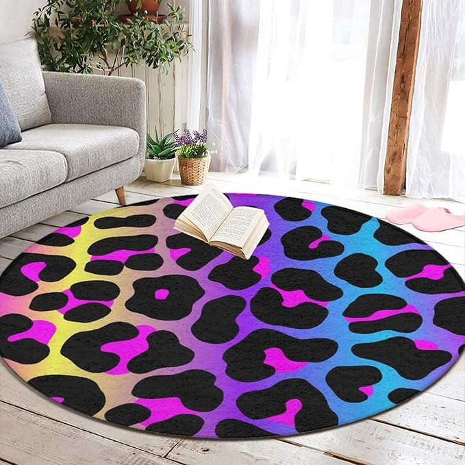 Soft Round Yoga Carpet, Large Home Decor Mat, Non-Slip Machine Washable Kitchen Office Circle Rug Compatible with Cheetah Skin Rainbow Leopard Print