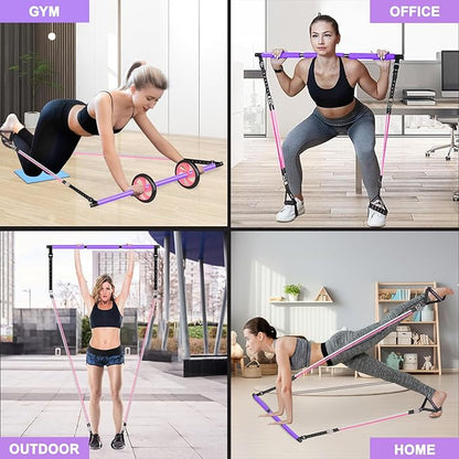 Pilates Bar Kit with Resistance Bands,Ab Roller,2 in 1 Foot Strap & Handle,Door Anchor Pilates Equipment with Resistance Bands, Portable Home Gym Yoga Fitness Bar for Women & Men