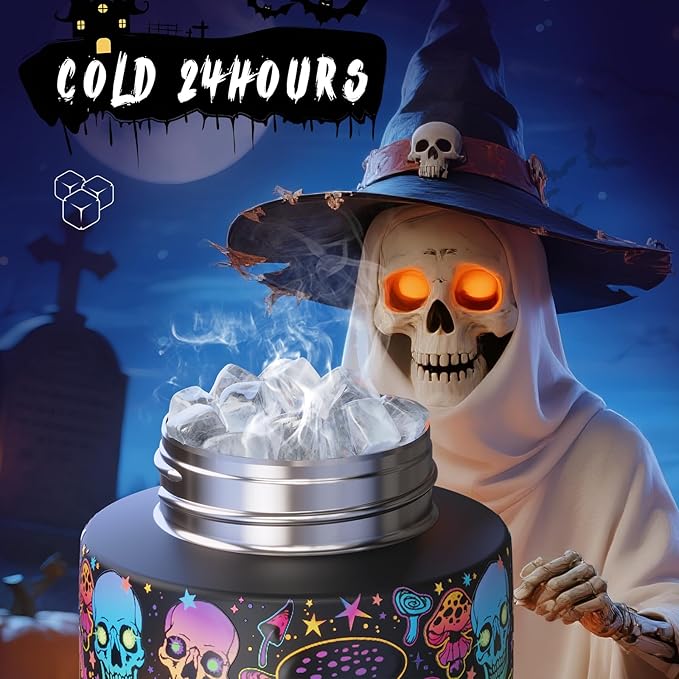 Halloween Gothic Water Bottle with Straw, Stainless Steel Insulated Water Bottle,Leak Proof, One-Touch Flip Lid, BPA Free, Holiday Gifts For Women Men, 24oz, Trippy Skulls