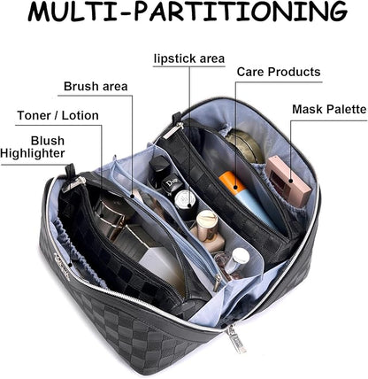 BOYATU Travel Makeup Bag Organizer Cosmetic Bag: 3 Pcs Set Make up Bags for Women with Handle - Waterproof Vegan Leather Toiletry Bags Travel Essentials Pouch with Compartments (01-Black)