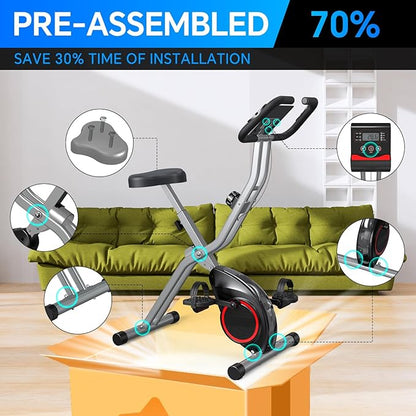 Foldable Exercise Bike for Small Apartments, Stationary Bikes for Home, Indoor Portable Cycling Bike with 16-Level Magnetic Resistance, 260LBS Capacity, 5.5 LBS Flywheel, Designed for Small Space Workout 816
