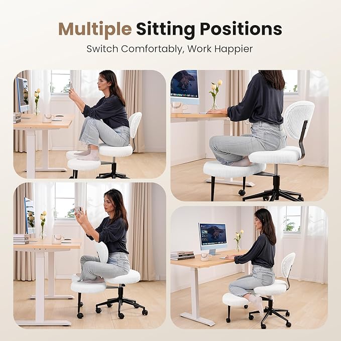 Ergonomic Cross Legged Chair, Wide Vanity Chair with Wheels, Meditation Chair for ADHD, Comfortable Adjustable Swivel Computer Office Desk Chairs for Home, Make Up, Bed Room, Corduroy Fabric, White