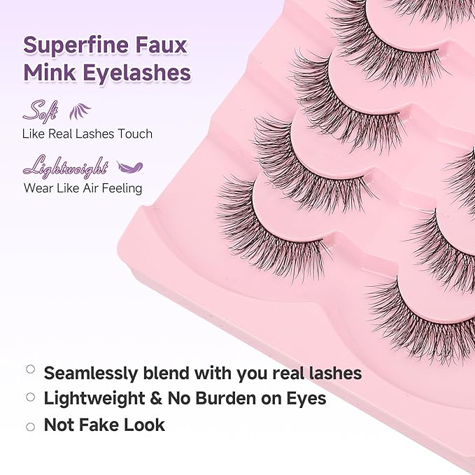 Natural Lashes False Eyelashes 15mm Wispy Eyelashes with Thin Band 3D Volume False Lashes Soft Strip Lashes Pack C Curl Natural Eyelashes Fake Lashes 7 Pair EVENTILL