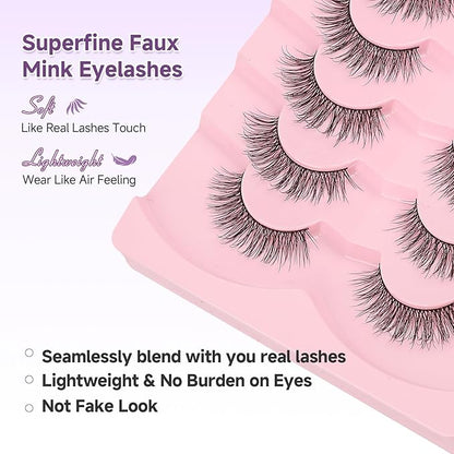 Natural Lashes False Eyelashes 15mm Wispy Eyelashes with Thin Band 3D Volume False Lashes Soft Strip Lashes Pack C Curl Natural Eyelashes Fake Lashes 7 Pair EVENTILL