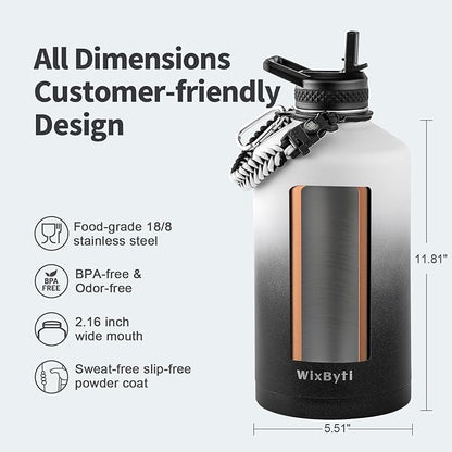 One Gallon Water Bottle Insulated, Triple Wall Vacuum Cold for 48 Hrs & Leak-proof & Non-BPA, 128oz Large Sports Stainless Steel Water Jug with Paracord Handle Straw Spout Lids & DIY Stickers