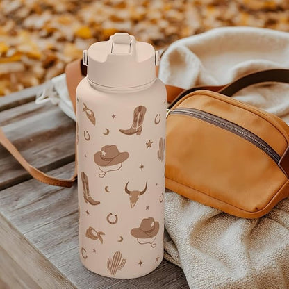 Western Cowgirl Water Bottle 32oz Stainless Steel with Lid, Insulated Bottles for Women Girls, Gift Idea for Birthday Christmas