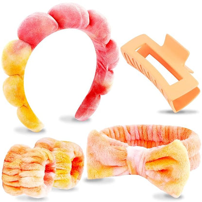 VELSCRUN Spa Headband, Makeup Face Wash Skincare Headbands, 5 Pcs Orange Sponge Bow Tie Get Ready HairBand Facial Wristband Hair Clips Set, Stuff for Teen Girls Women Trendy Hair Accessories