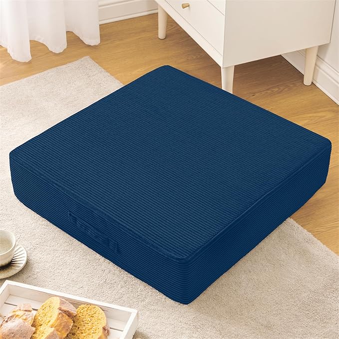 Solid Square Floor Pillows for Adults Kids - Large Meditation Floor Pillow Seating Cushion with Thick Foam & Washable Velvet Cover, 1 Pack, 22x22x5 Inch, Dark Blue
