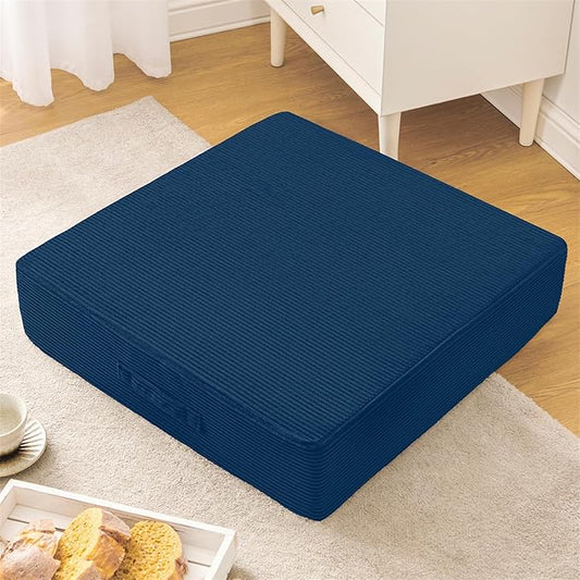 Solid Square Floor Pillows for Adults Kids - Large Meditation Floor Pillow Seating Cushion with Thick Foam & Washable Velvet Cover, 1 Pack, 22x22x5 Inch, Dark Blue