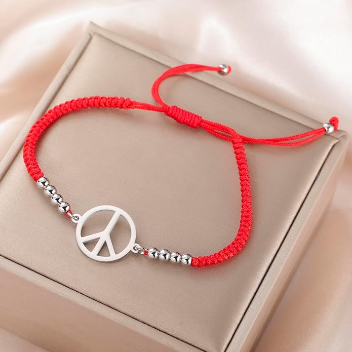 LIKGREAT Peace Adjustable Beaded Bracelet Peace Sign Symbol Pendant Handmade Braided Wax Cords Bracelet for Women