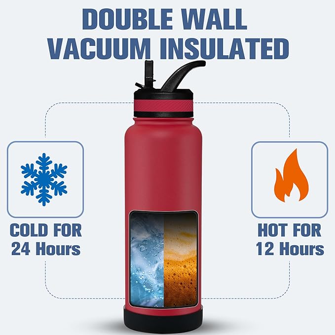 OLDLEY 40 oz Insulated Water Bottle With Straw, Stainless Steel Sports Water Cup Flask with 3 Lids(Straw, Spout and Handle Lid) Double Walled Travel Thermal Canteen Mug,Fire Red