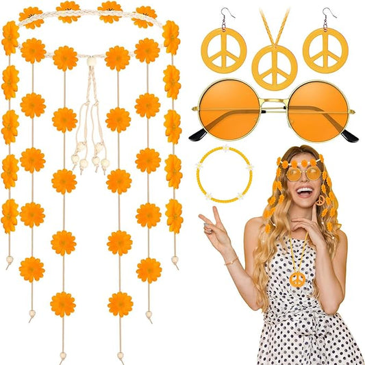 6 Pcs Hippie Costume Accessories Set, Flower Hippie Headband Boho Peace Sign Necklace Earrings Sunglasses Bracelet