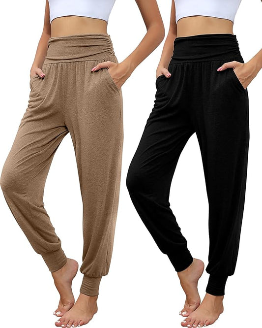 2 Pack Women's Yoga Joggers, Cozy Sweatpants with Pockets Casual Loose Comfy High Waisted Lounge Pants