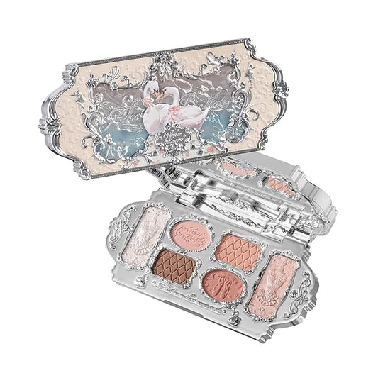 Flower Knows Swan Ballet Six-Color Makeup Palette,Eyeshadow,Blush,Highlighting & Contour All-in-One Face Makeup Palette with 4 Matte+2 Shimmer Neutral Shades(01 White Swan,0.23 Oz)